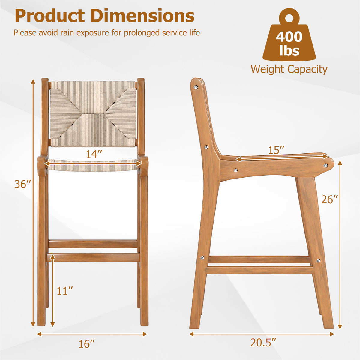 Set of 2 Outdoor Counter Height Bar Stool Woven Paper Rope Patio Barstool with Teak Wood Frame