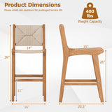 Set of 2 Outdoor Counter Height Bar Stool Woven Paper Rope Patio Barstool with Teak Wood Frame
