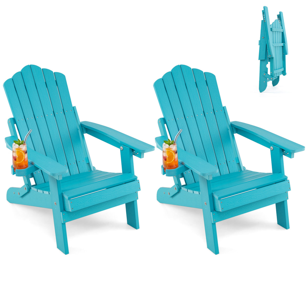 Set of 2 Outdoor Folding Adirondack Chair with Cup Holder and 5-Level Backrest