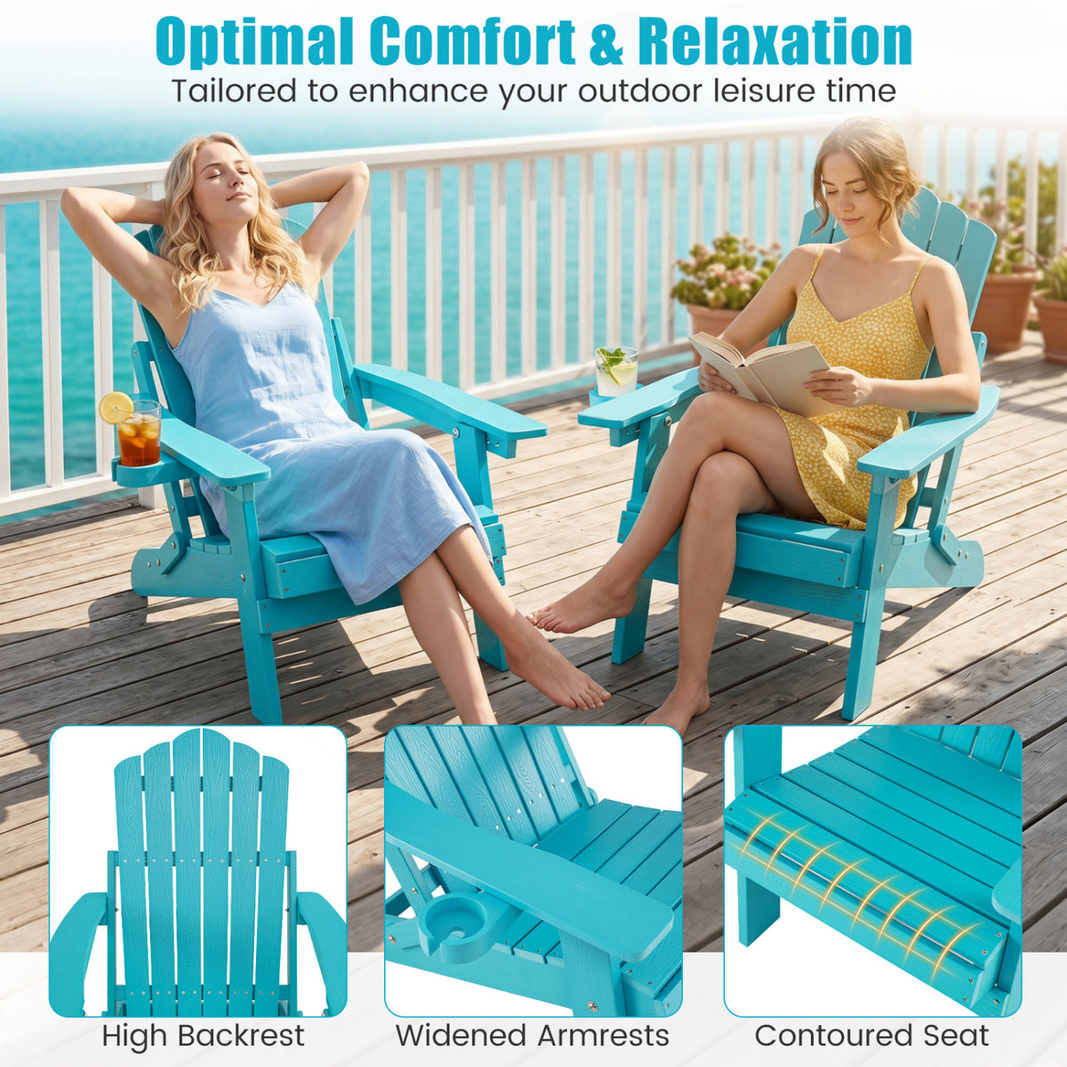 Set of 2 Outdoor Folding Adirondack Chair with Cup Holder and 5-Level Backrest