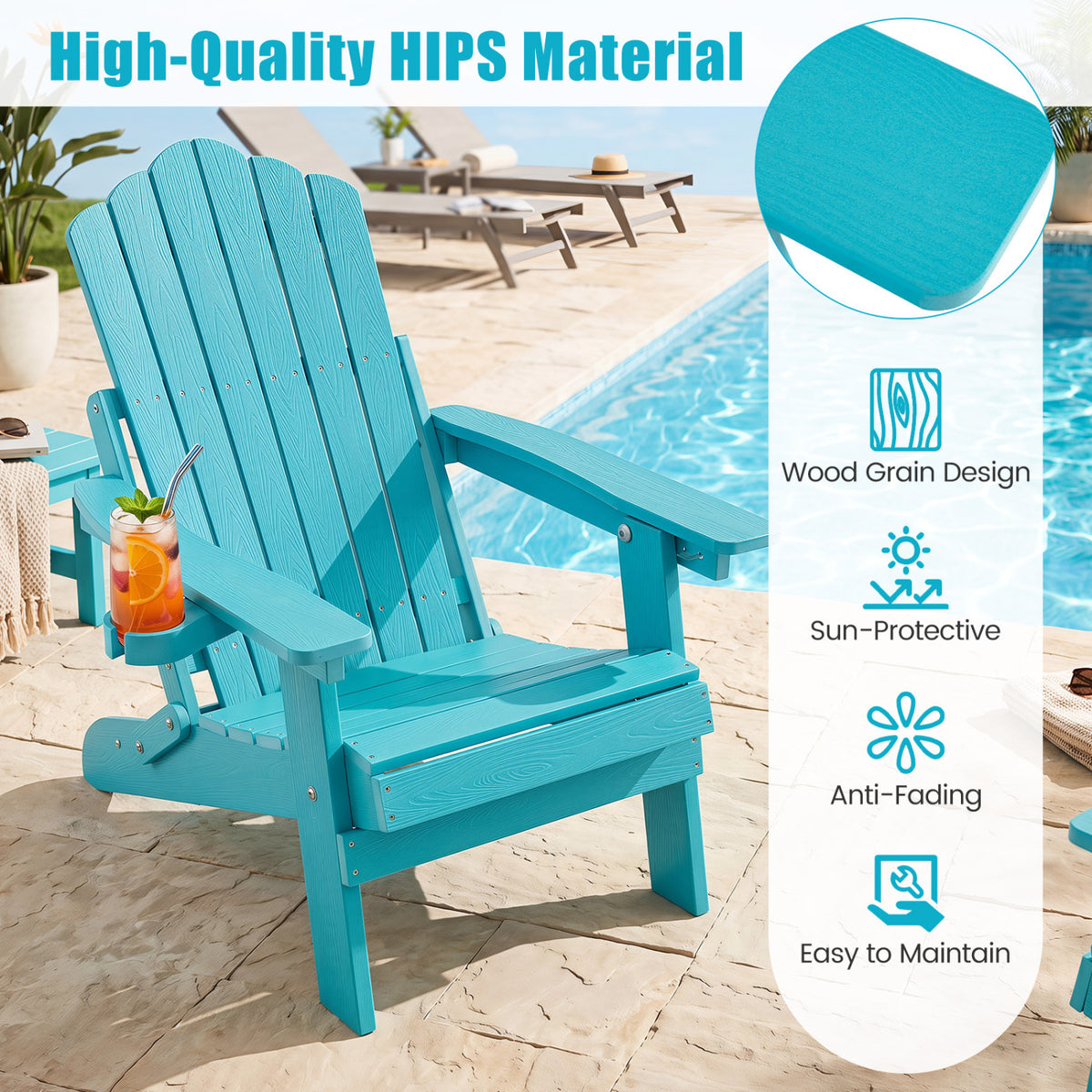 Set of 2 Outdoor Folding Adirondack Chair with Cup Holder and 5-Level Backrest