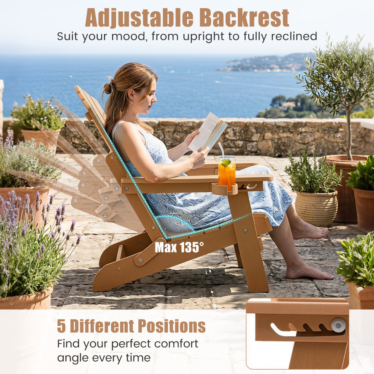 Set of 2 Outdoor Folding Adirondack Chair with Cup Holder and 5-Level Backrest