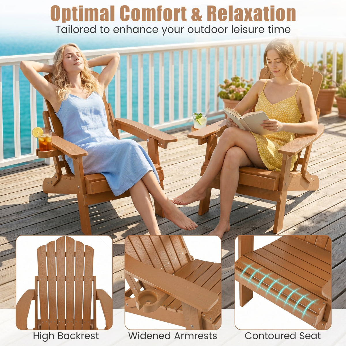 Set of 2 Outdoor Folding Adirondack Chair with Cup Holder and 5-Level Backrest