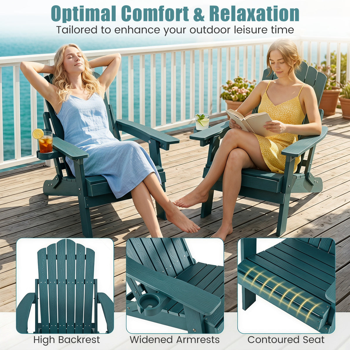 Set of 2 Outdoor Folding Adirondack Chair with Cup Holder and 5-Level Backrest