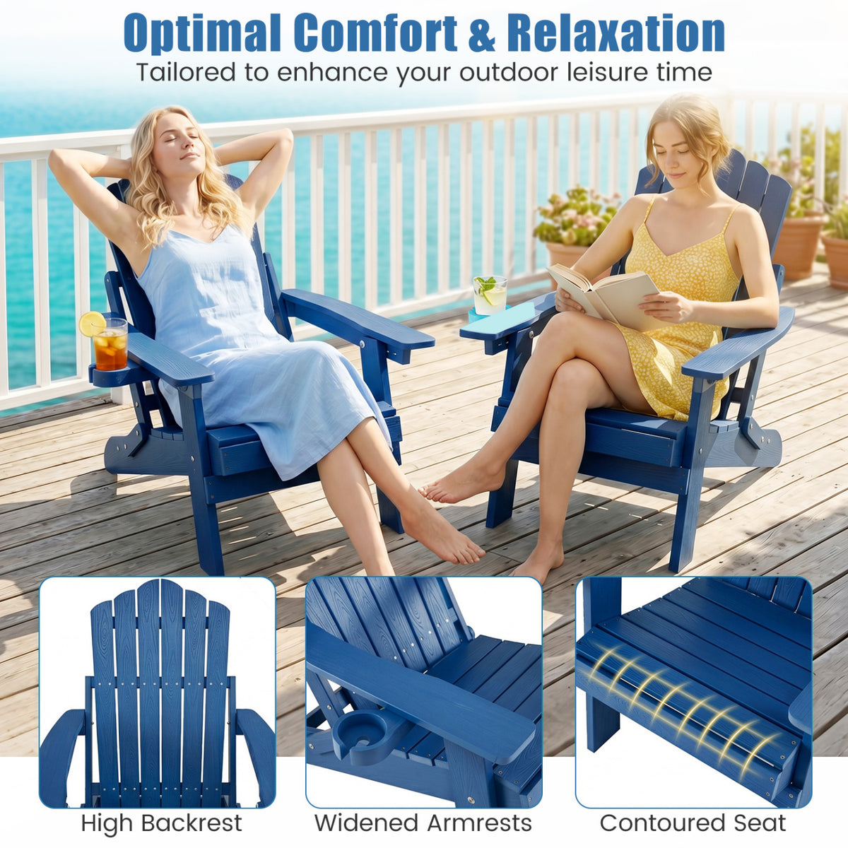 Set of 2 Outdoor Folding Adirondack Chair with Cup Holder and 5-Level Backrest