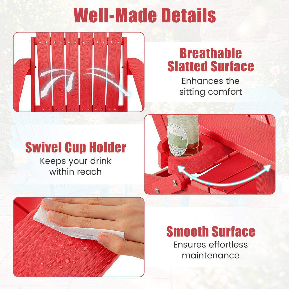 Set of 2 Outdoor Folding Adirondack Chair with Cup Holder and 5-Level Backrest