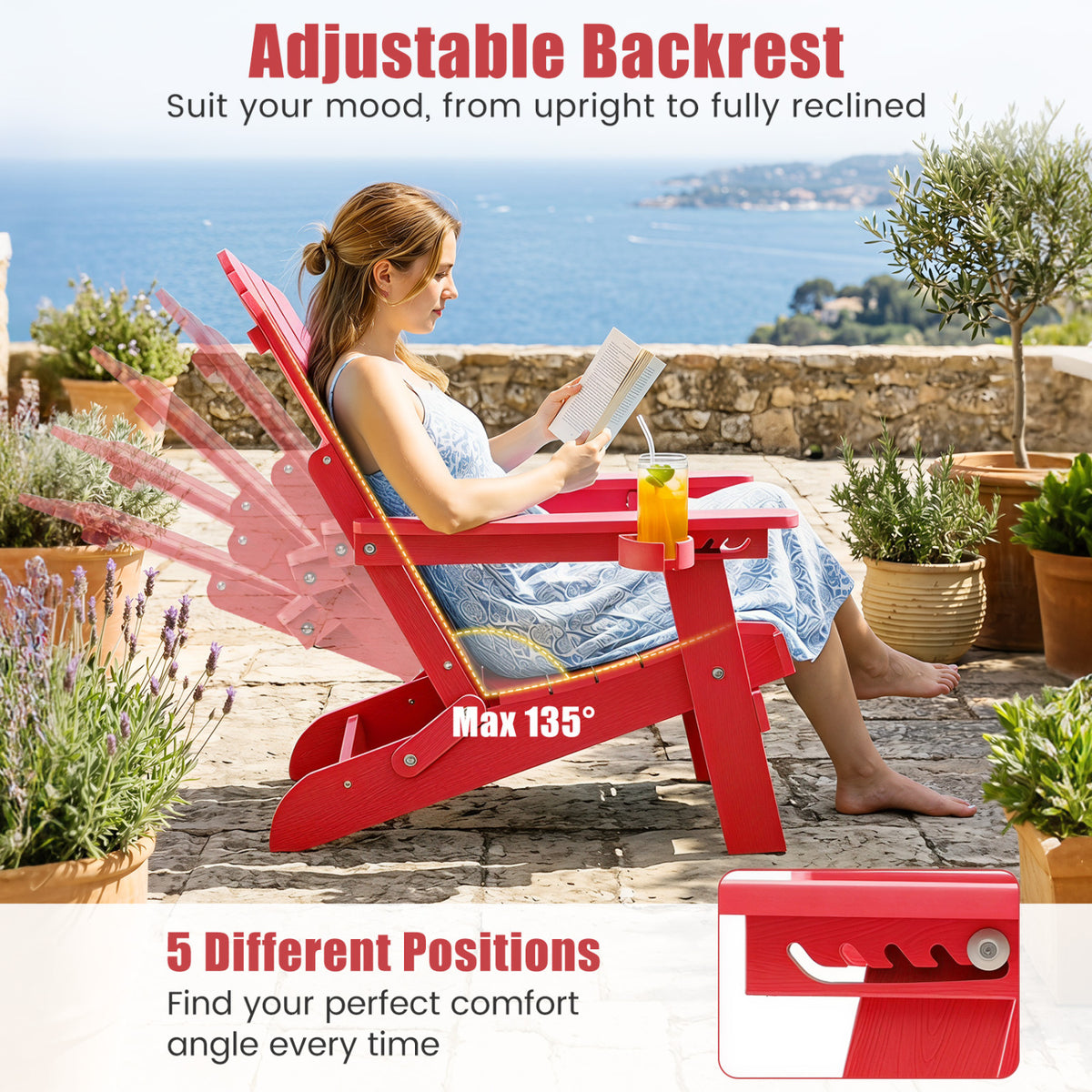 Set of 2 Outdoor Folding Adirondack Chair with Cup Holder and 5-Level Backrest
