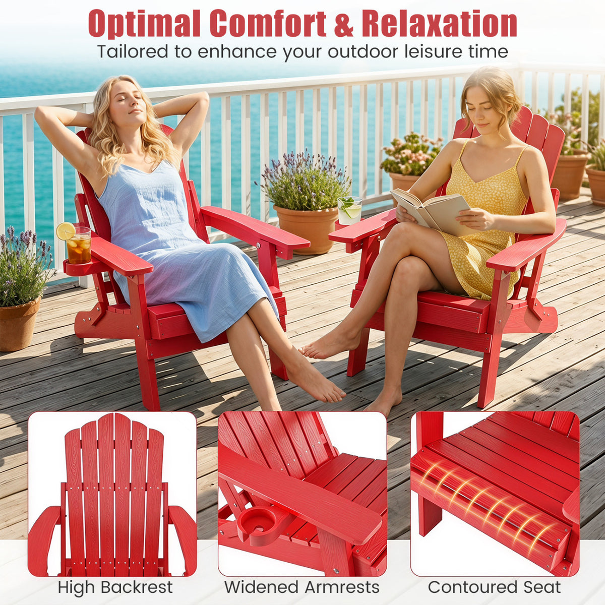 Set of 2 Outdoor Folding Adirondack Chair with Cup Holder and 5-Level Backrest