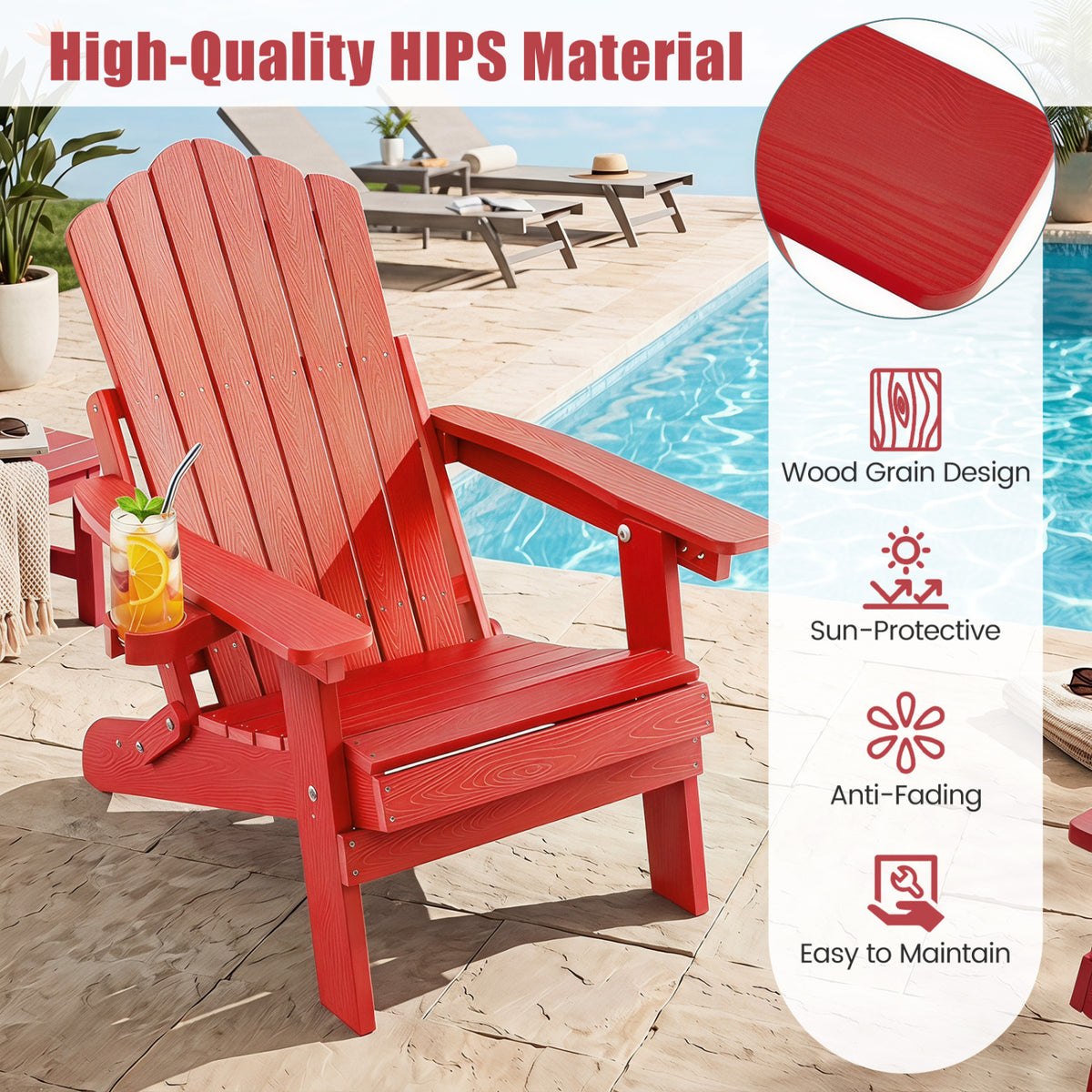 Set of 2 Outdoor Folding Adirondack Chair with Cup Holder and 5-Level Backrest