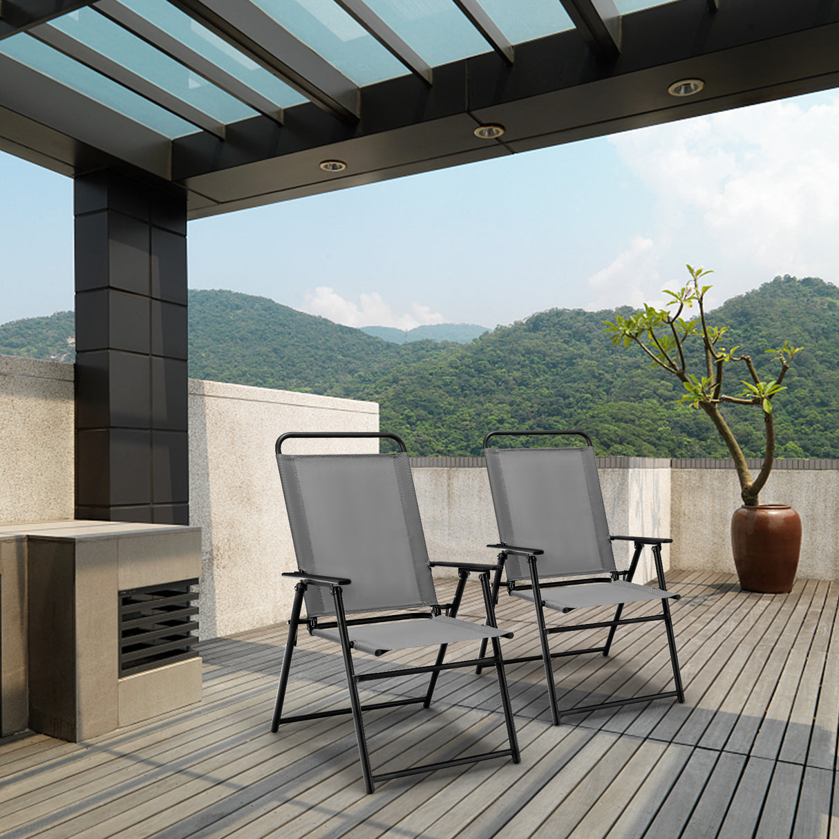 Set of 2 Outdoor Folding Sling Chairs with Armrest and Backrest