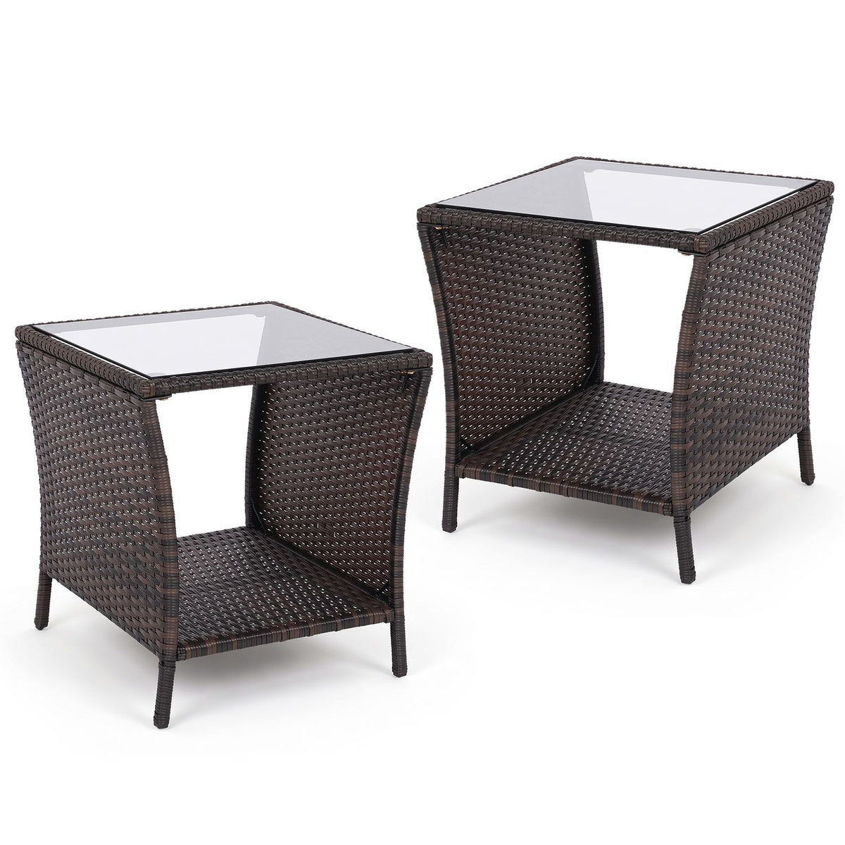 Set of 1/2 Outdoor Wicker Side Table with Tempered Glass Top and Storage Shelf