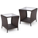 Set of 1/2 Outdoor Wicker Side Table with Tempered Glass Top and Storage Shelf