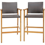 Set of 2 PE Wicker Patio Bar Chairs with Acacia Wood Armrests-Set of 2