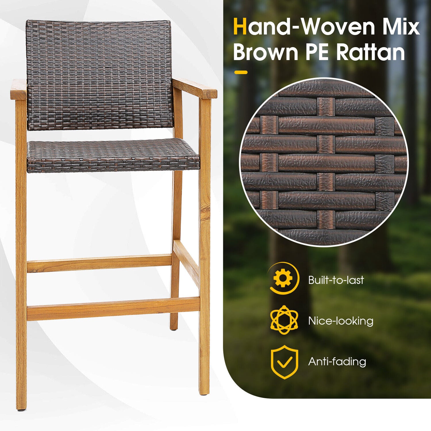 Set of 2 PE Wicker Patio Bar Chairs with Acacia Wood Armrests-Set of 2