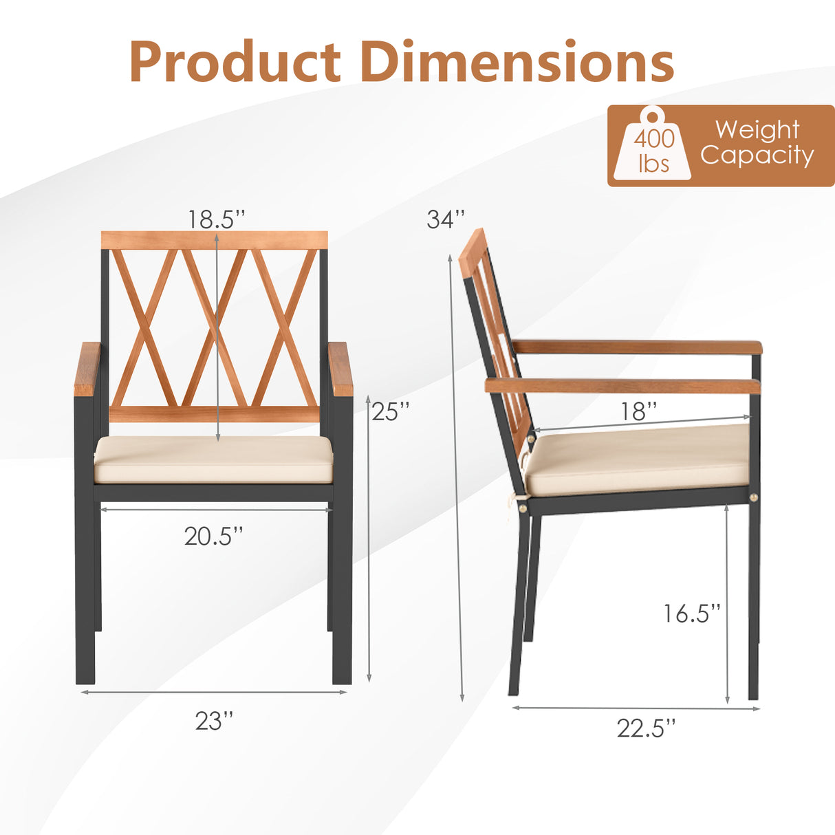 Set of 2 Patio Dining Chairs with Removable Padded Cushions