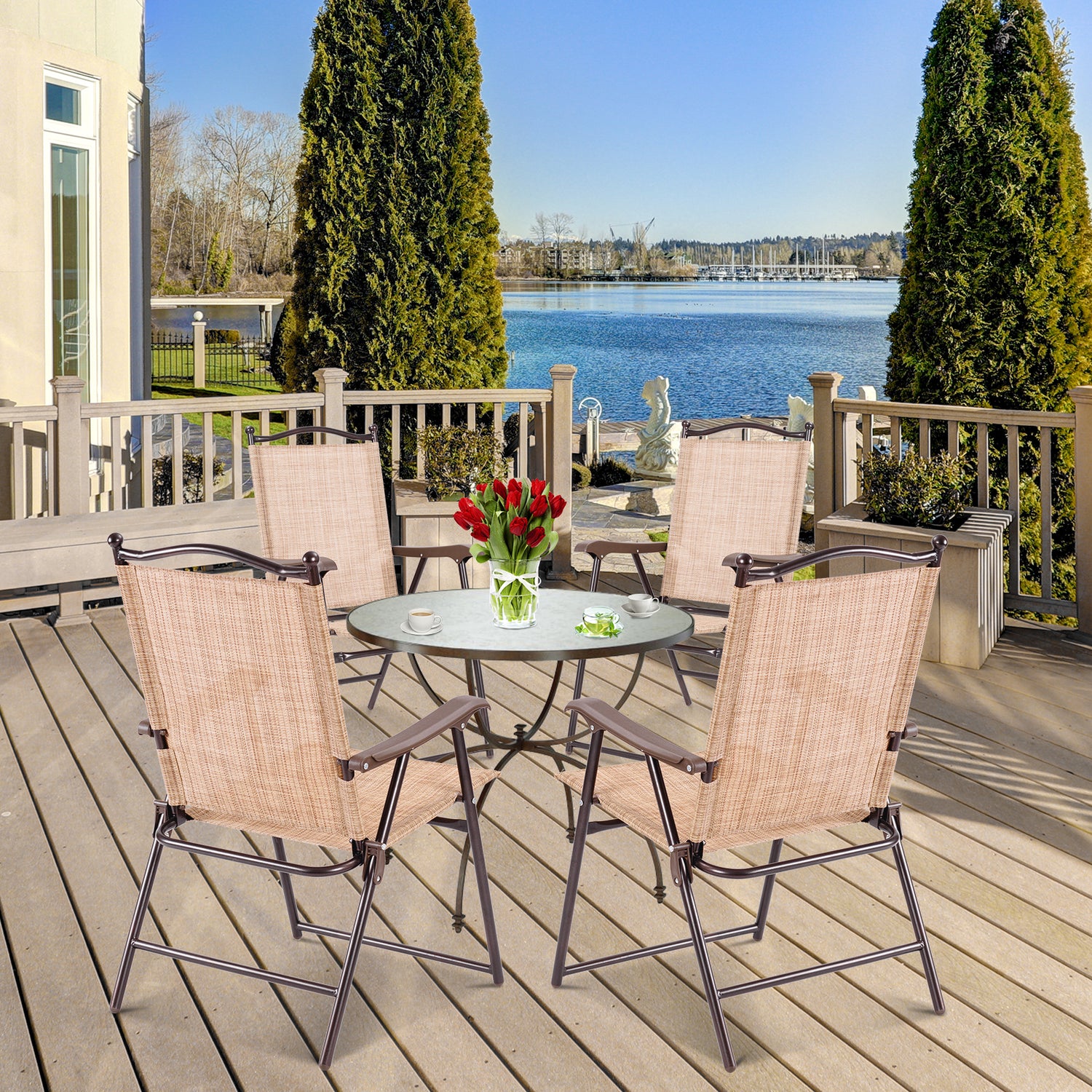 Set of 2 Patio Folding Sling Back Camping Deck Chairs