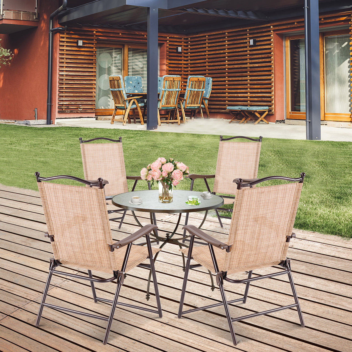 Set of 2 Patio Folding Sling Back Camping Deck Chairs