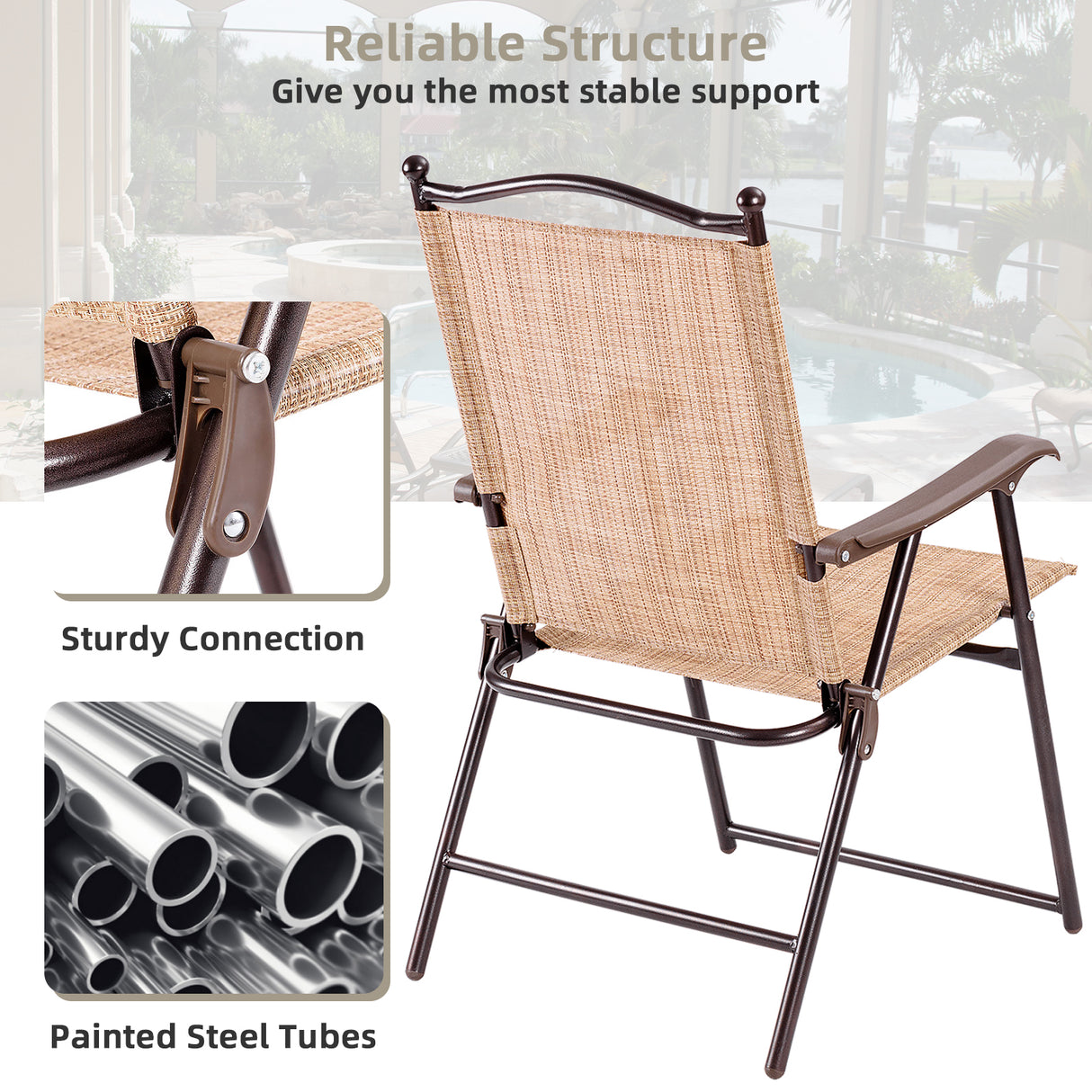 Set of 2 Patio Folding Sling Back Camping Deck Chairs