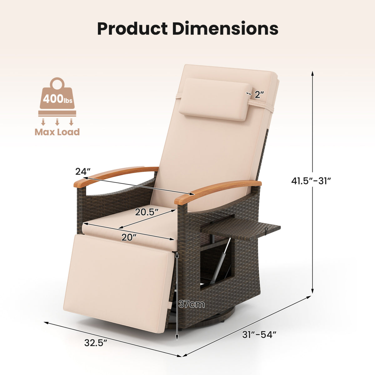Set of 2 Patio Rattan 360Â° Swivel Recliner Chair with Adjustable Backrest and Footrest