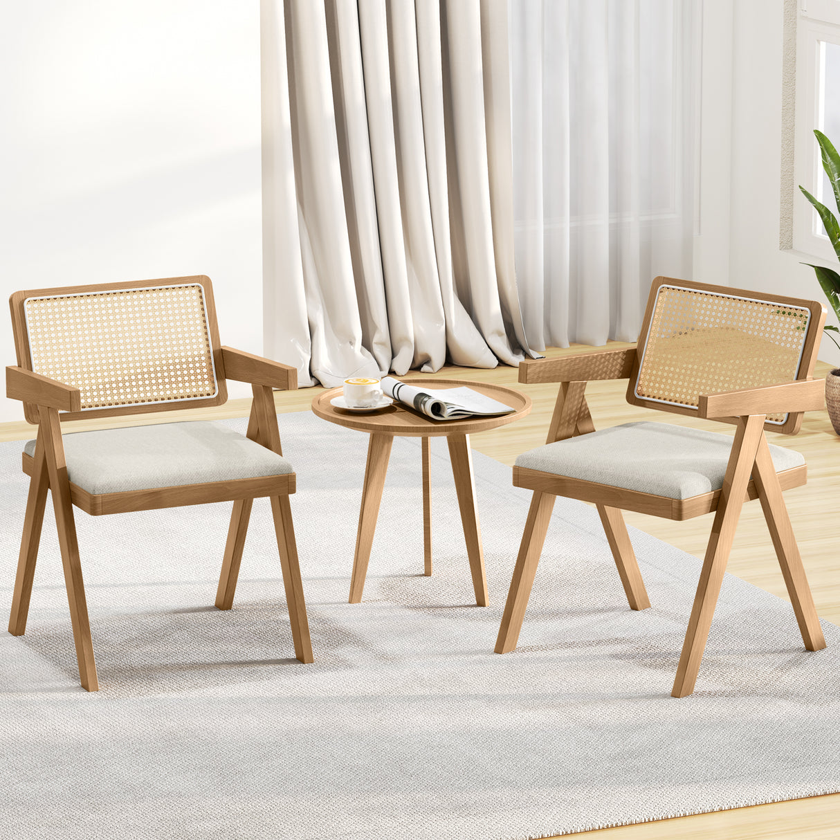Set of 2 Rattan Accent Chairs with Padded Cushion and Rubber Wood Frame