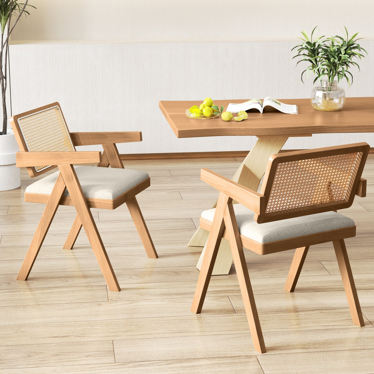 Set of 2 Rattan Accent Chairs with Padded Cushion and Rubber Wood Frame