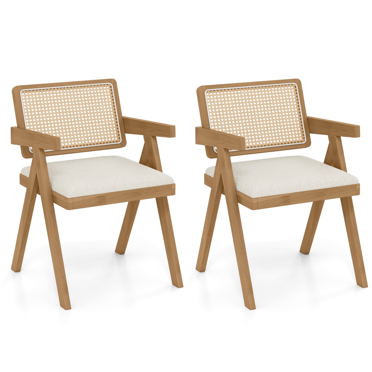 Set of 2 Rattan Accent Chairs with Padded Cushion and Rubber Wood Frame
