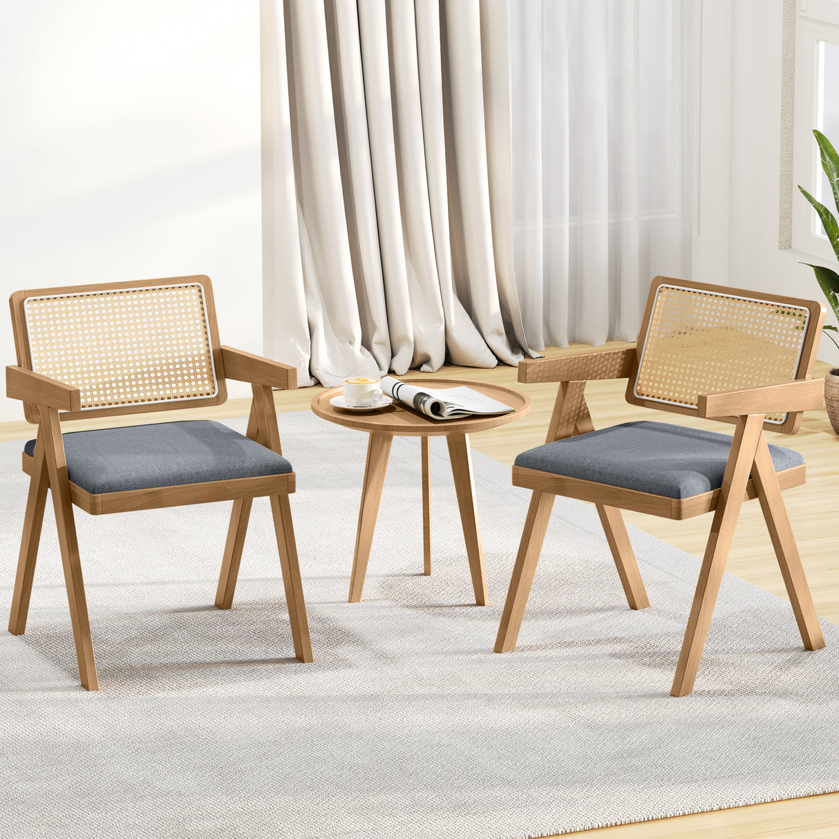 Set of 2 Rattan Accent Chairs with Padded Cushion and Rubber Wood Frame