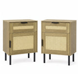 Set of 2 Rattan Nightstand with Drawer and Storage Cabinet for Bedroom Dorm