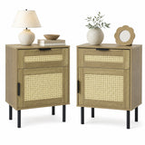 Set of 2 Rattan Nightstand with Drawer and Storage Cabinet for Bedroom Dorm