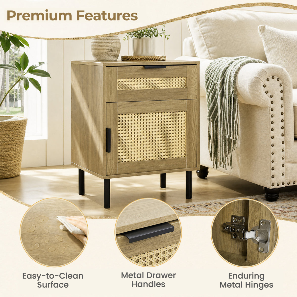 Set of 2 Rattan Nightstand with Drawer and Storage Cabinet for Bedroom Dorm