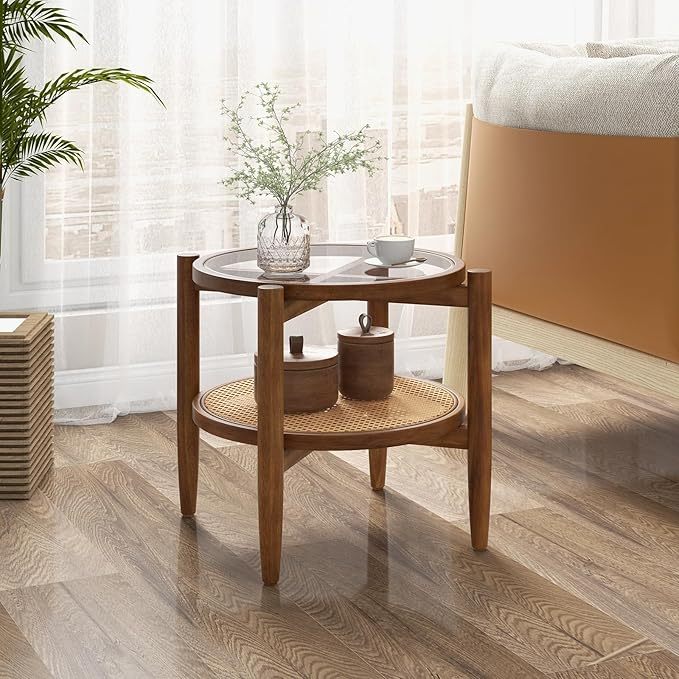 Set of 2 Rattan Round Side End Table with Tempered Glass Tabletop-Walnut