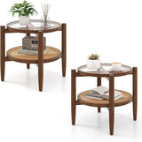 Set of 2 Rattan Round Side End Table with Tempered Glass Tabletop-Walnut