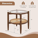 Set of 2 Rattan Round Side End Table with Tempered Glass Tabletop-Walnut