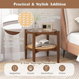 Set of 2 Rattan Round Side End Table with Tempered Glass Tabletop-Walnut