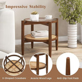 Set of 2 Rattan Round Side End Table with Tempered Glass Tabletop-Walnut