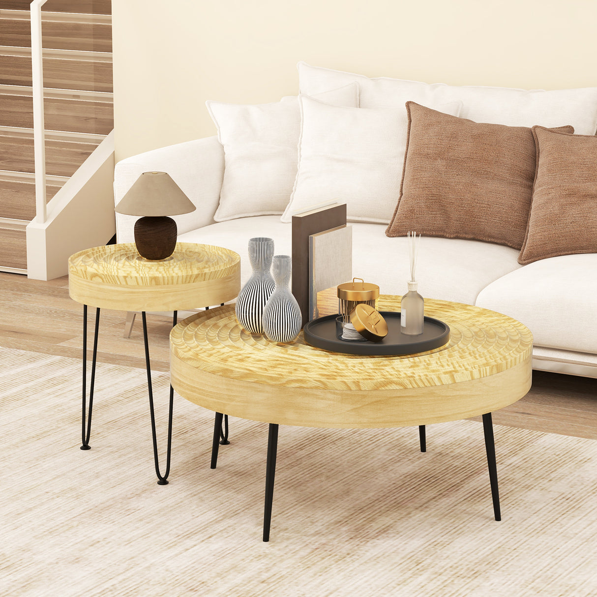 Set of 2 Solid Wood Farmhouse Round Coffee Tables
