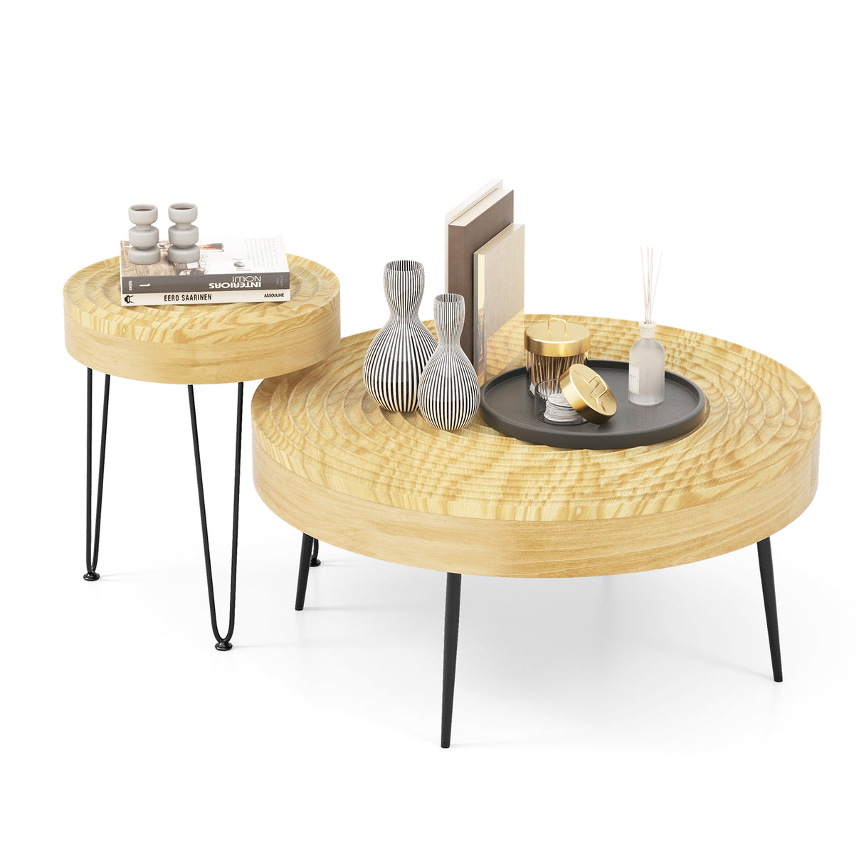 Set of 2 Solid Wood Farmhouse Round Coffee Tables