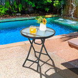 Set of 2 Round Patio Side Table with Tempered Glass Top-Black