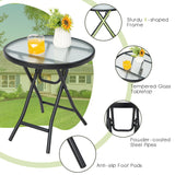 Set of 2 Round Patio Side Table with Tempered Glass Top-Black