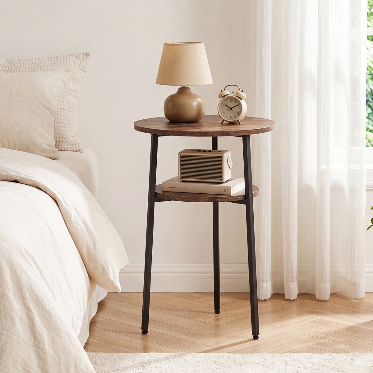 Round Side Table with Storage Shelf & Metal Frame for Living Room