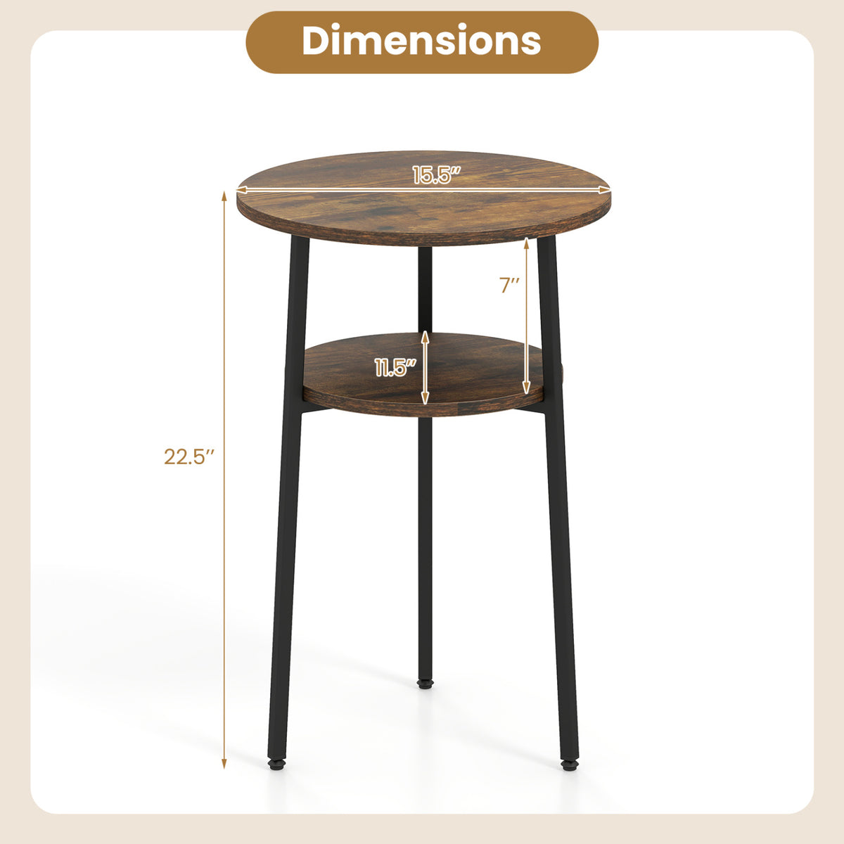 Round Side Table with Storage Shelf & Metal Frame for Living Room