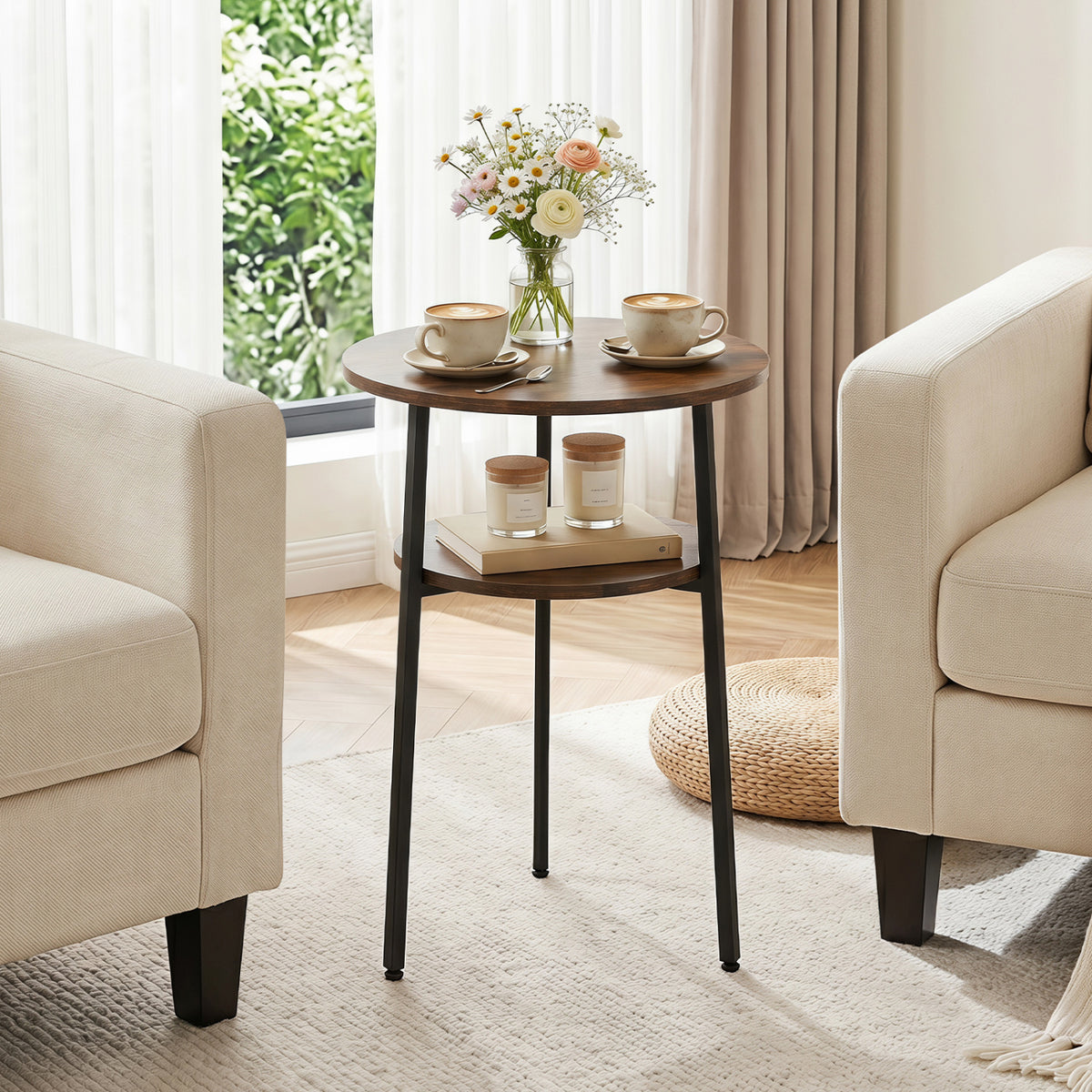 Round Side Table with Storage Shelf & Metal Frame for Living Room