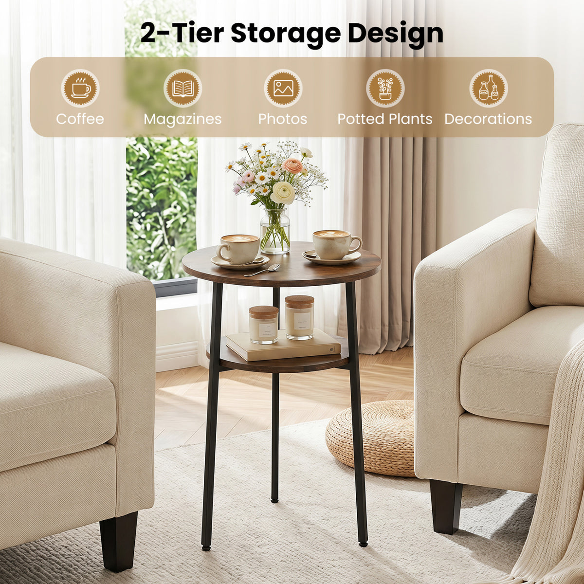 Round Side Table with Storage Shelf & Metal Frame for Living Room
