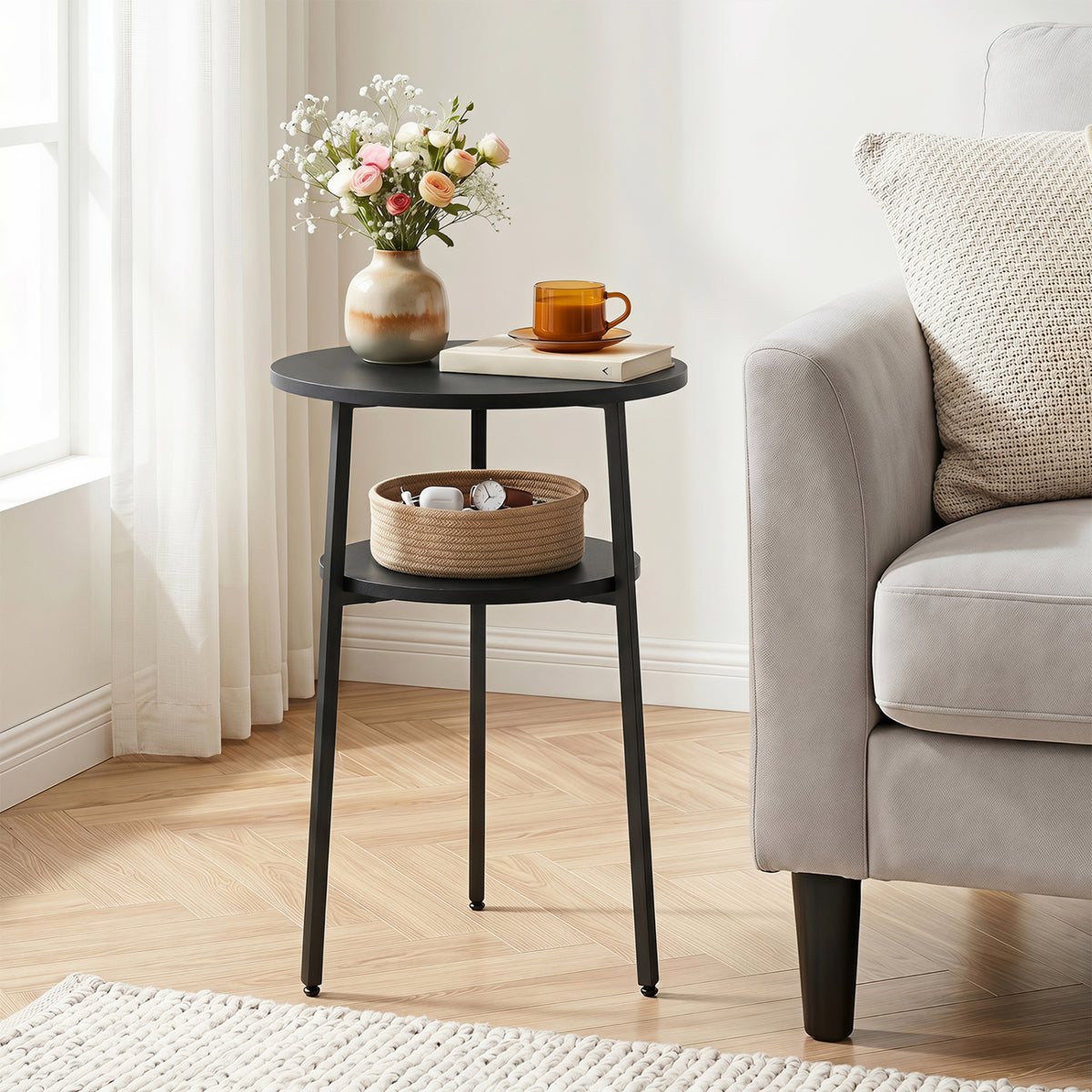 Round Side Table with Storage Shelf & Metal Frame for Living Room