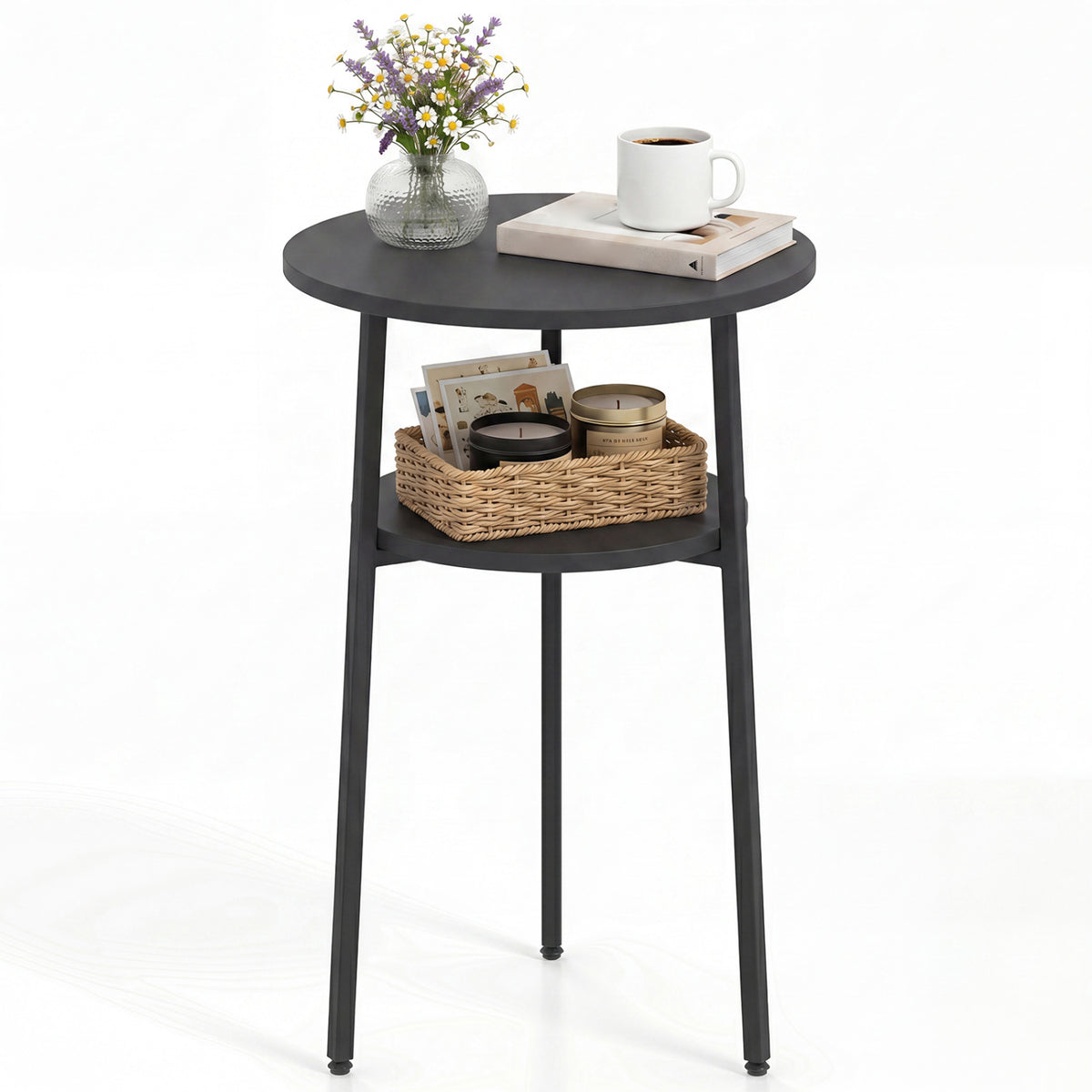 Round Side Table with Storage Shelf & Metal Frame for Living Room