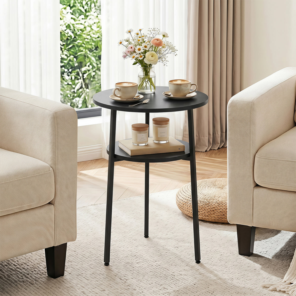 Round Side Table with Storage Shelf & Metal Frame for Living Room