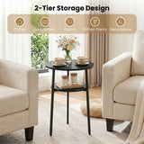 Round Side Table with Storage Shelf & Metal Frame for Living Room