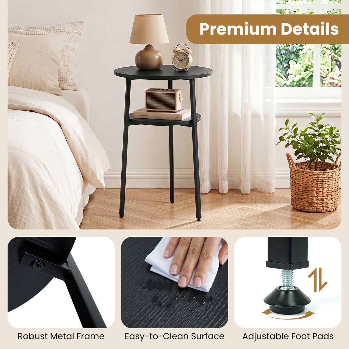 Round Side Table with Storage Shelf & Metal Frame for Living Room