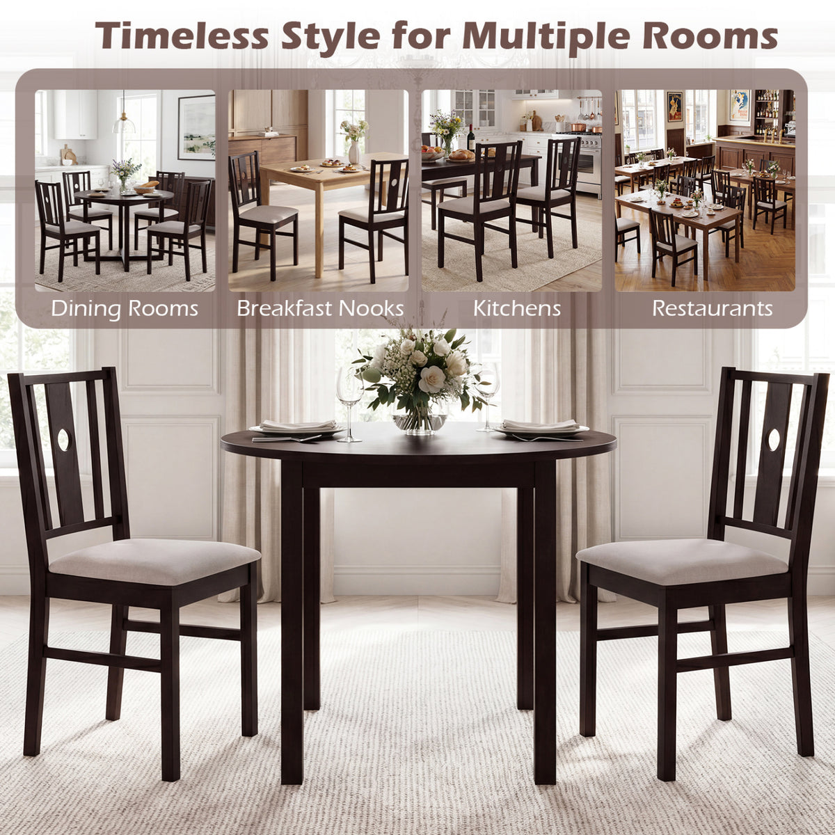 Set of 2 Rubber Wood Kitchen Chairs with Fabric Padded Seat -Coffee
