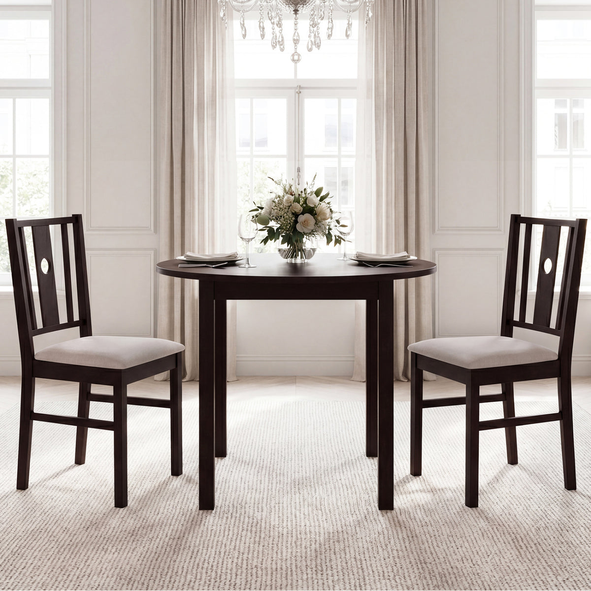 Set of 2 Rubber Wood Kitchen Chairs with Fabric Padded Seat -Coffee